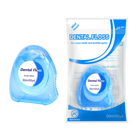 Dental floss package with blue container on a white background