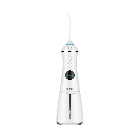 White dental water flosser with visible brand name on a white background