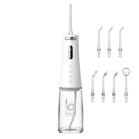 White dental water flosser with multiple nozzles on a white background