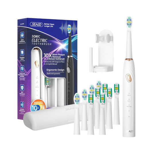 Seago white sonic electric toothbrush set with packaging, brush heads, travel case and holder on a white background