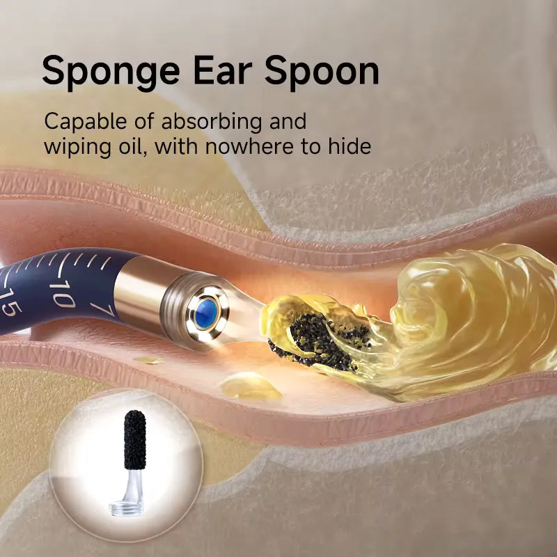 Bebird sponge ear spoon with oil absorption capabilities shown on a close-up of ear canal.
