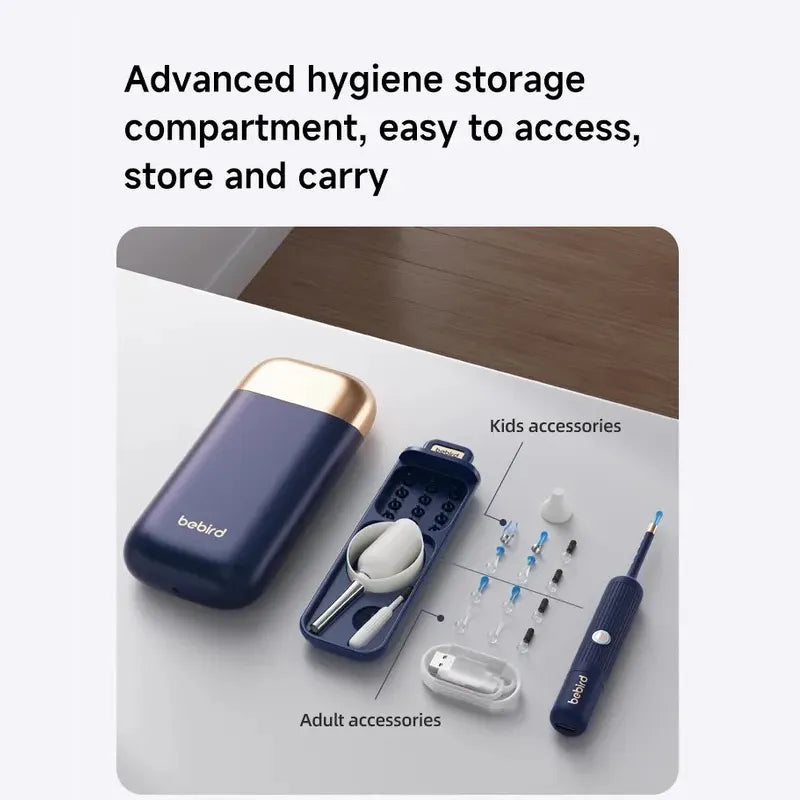 Bebird EarSight Plus I35R, its hygiene storage case with various accessories on a white surface, labeled for kids and adult use.