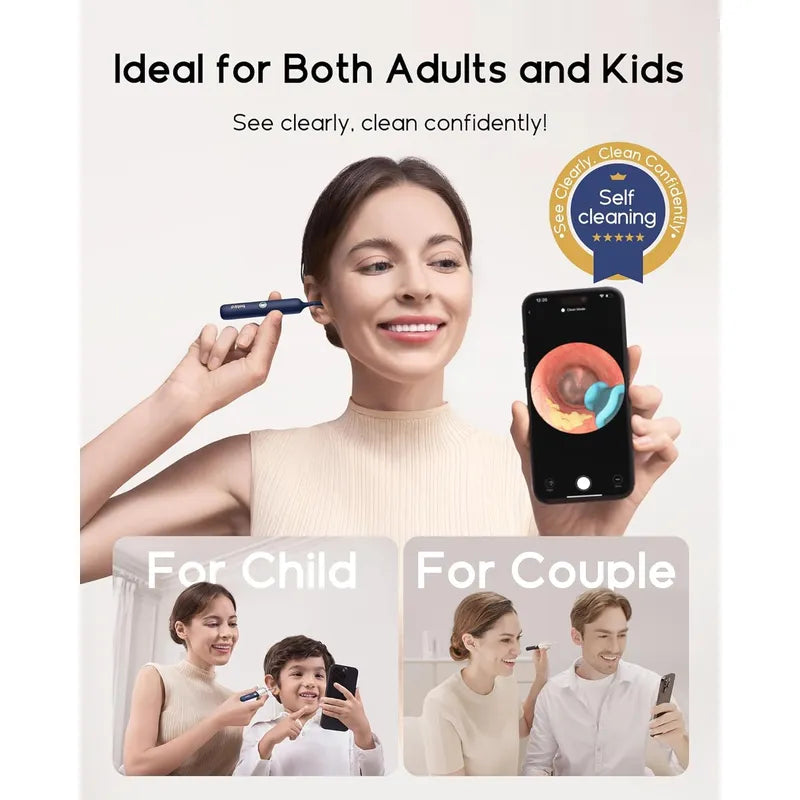 Woman inspecting her ear with bebird EarSight Plus, ideal for both adults and kids, on a light gray background.
