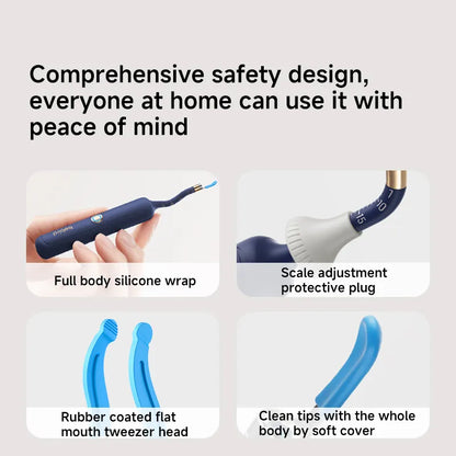 Bebird EarSight Plus I35R with safety features for home use, including a body silicone wrap, protective plug, clean tips and tweezer head.