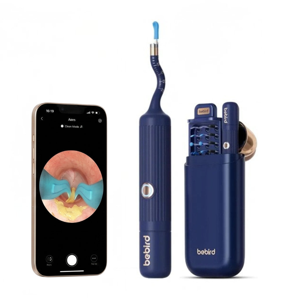 Navy blue bebird ear cleaning device with smartphone displaying ear inspection app on a white background