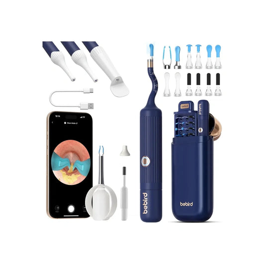 Blue bebird EarSight Plus I35R ear cleaning device set with various attachments, and charging cable on a white background.