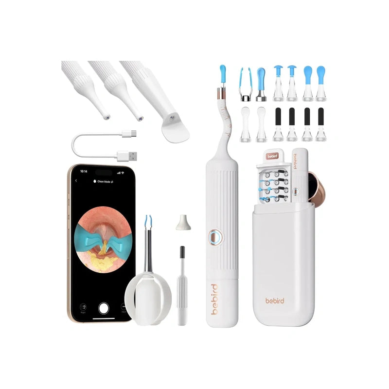 White bebird EarSight Plus I35R ear cleaning device set with various attachments, and charging cable on a white background.