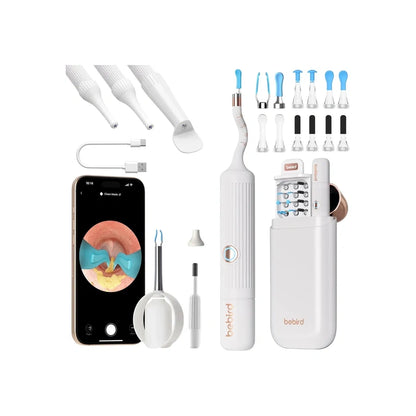 White bebird EarSight Plus I35R ear cleaning device set with various attachments, and charging cable on a white background.