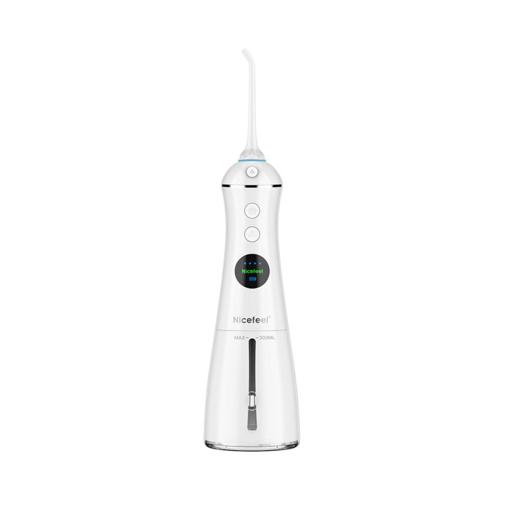 White dental water flosser with visible brand name on a white background