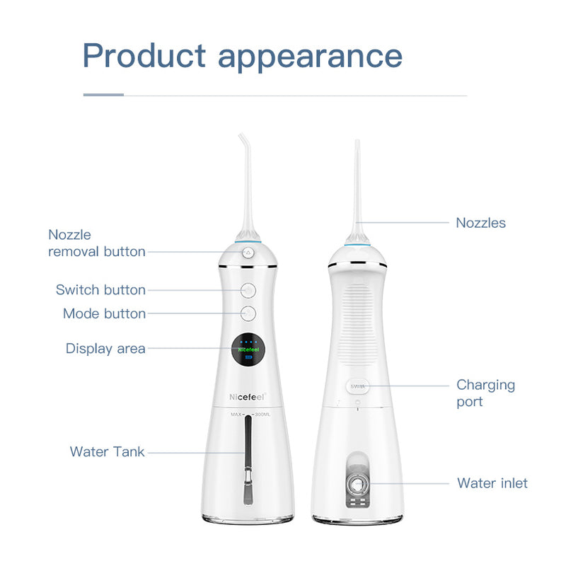 Nicefeel FC1596 portable water flosser diagram with labeled parts on a white background