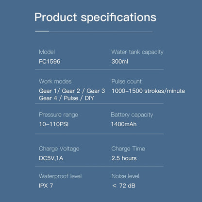 Nicefeel FC1596 portable water flosser parameters table on a blue background
