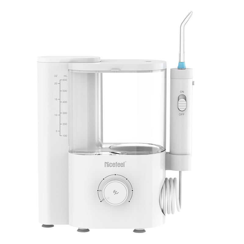 Nicefeel countertop dental water flosser with nozzle attachment on a white background