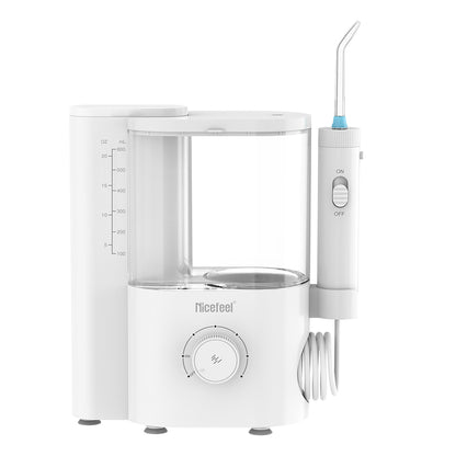 Nicefeel countertop dental water flosser with nozzle attachment on a white background