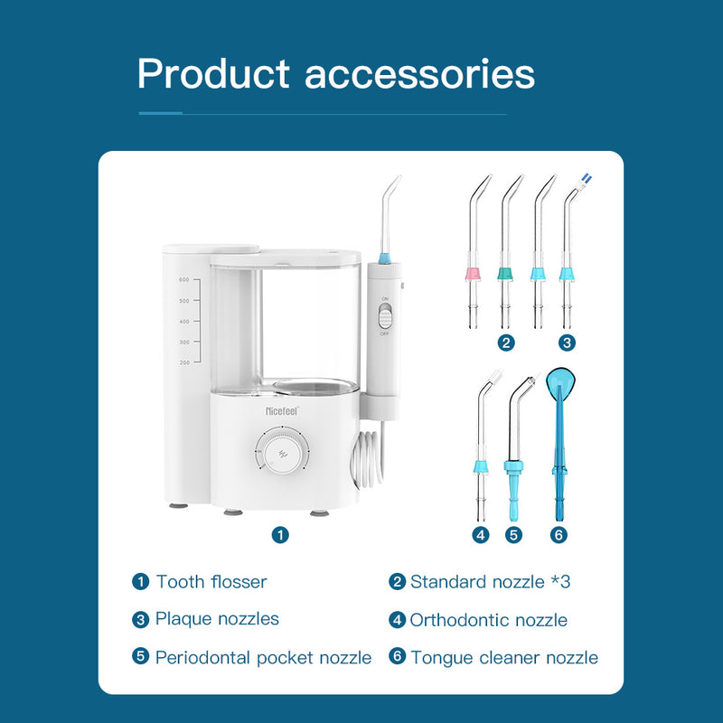 Nicefeel countertop water flosser shown on a blue background, with accompanying descriptions of its various nozzle types.