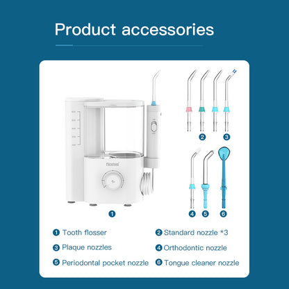 Nicefeel countertop water flosser shown on a blue background, with accompanying descriptions of its various nozzle types.
