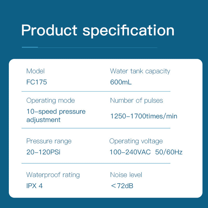 Product specification table for Nicefeel FC175 water flosserl on a blue background