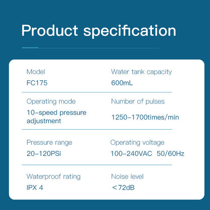 Product specification table for Nicefeel FC175 water flosserl on a blue background