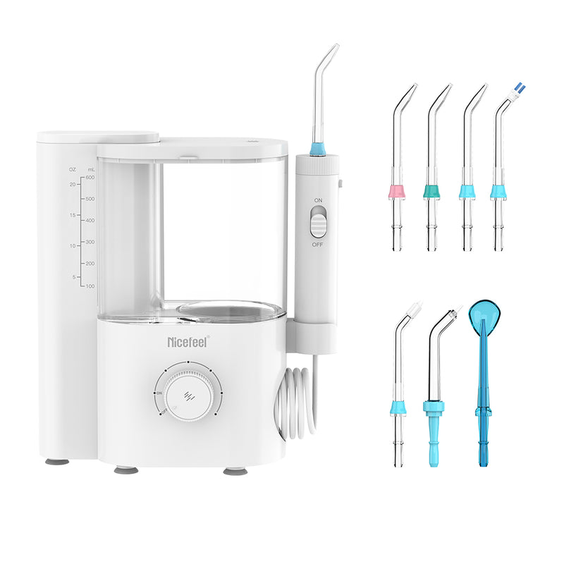 Nicefeel countertop white dental water flosser with various nozzles on a white background