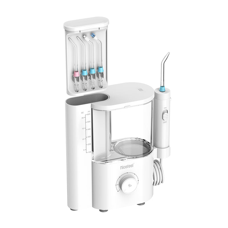 Nicefeel countertop white dental water flosser with various nozzles on a white background
