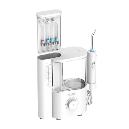 Nicefeel countertop white dental water flosser with various nozzles on a white background