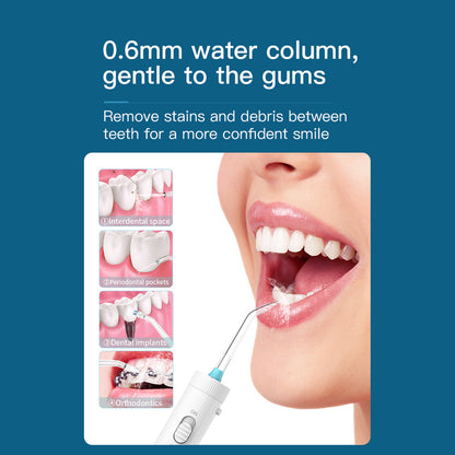 Nicefeel dental water flosser with mouth usage on a blue background