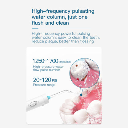 Nicefeel dental water flosser advertisement highlighting a high-frequency pulsating water column and various cleaning benefits.