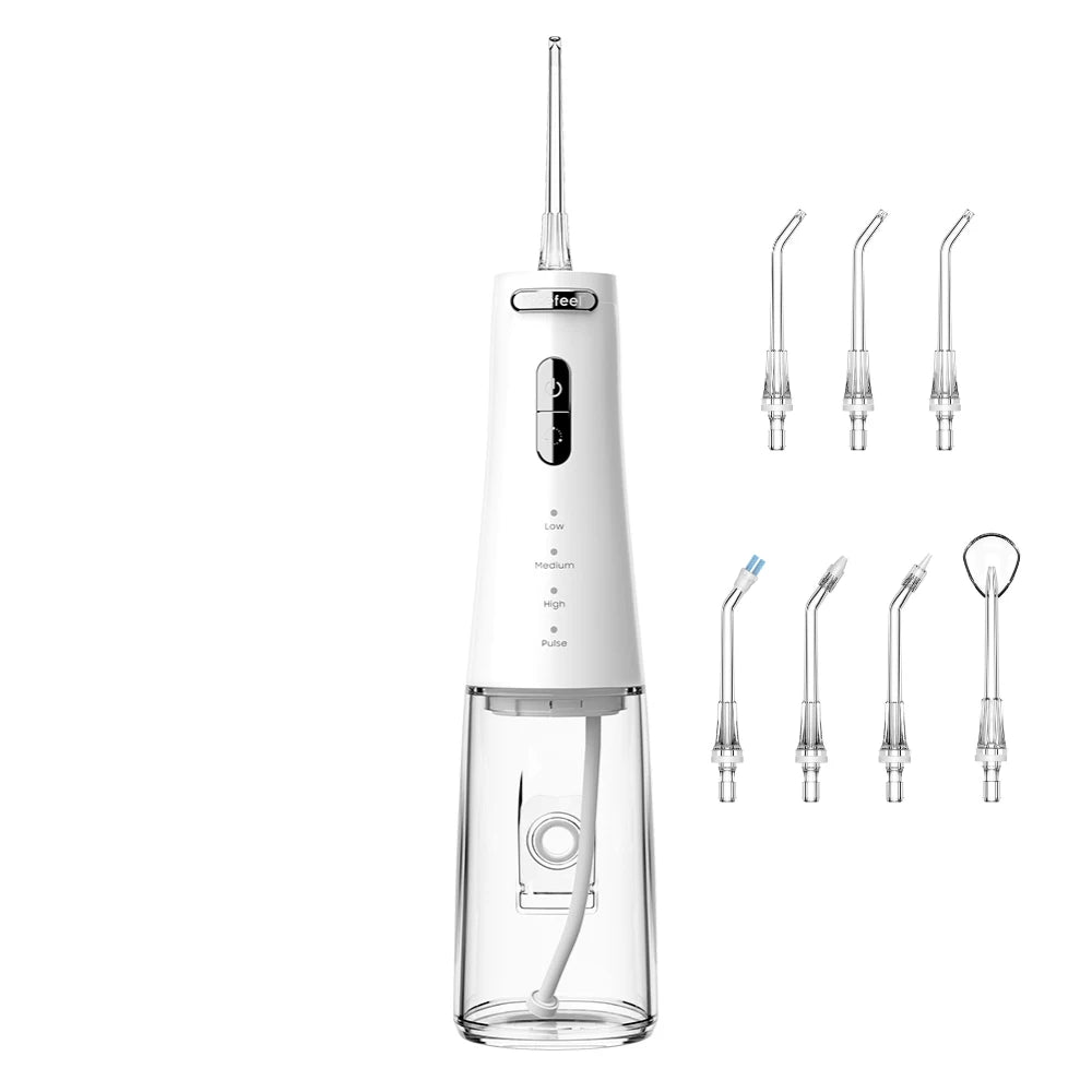 White dental water flosser with multiple nozzles on a white background