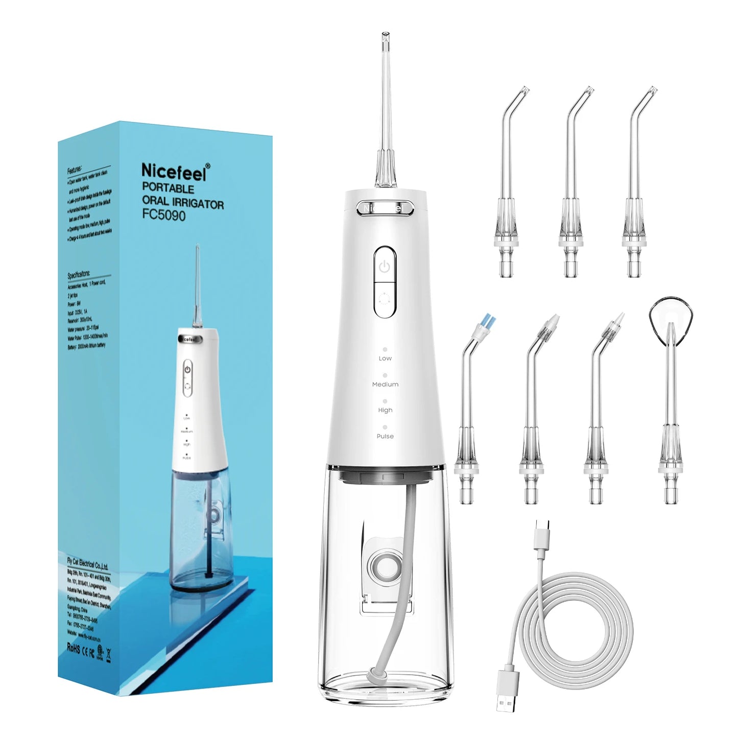 Portable dental flosser with multiple nozzles and packaging on a white background