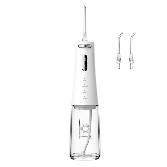 Nicefeel water flosser with clear reservoir and two nozzles on a white background