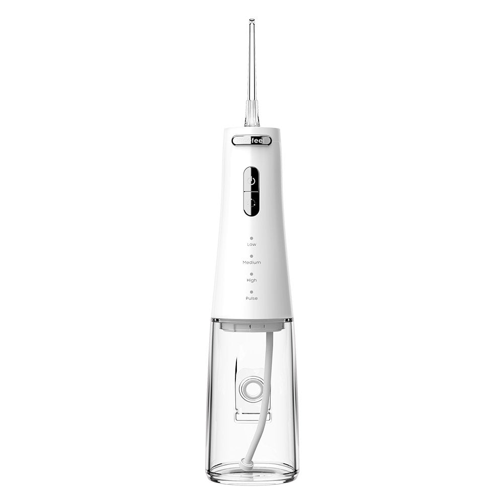 A white and clear electric oral irrigator water flosser with a transparent nozzle and a clear water tank, shown on a solid white background.