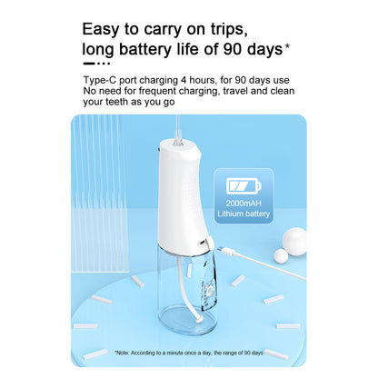 Nicefeel portable water flosser advertisement detailing its large battery capacity and Type-C charging port.