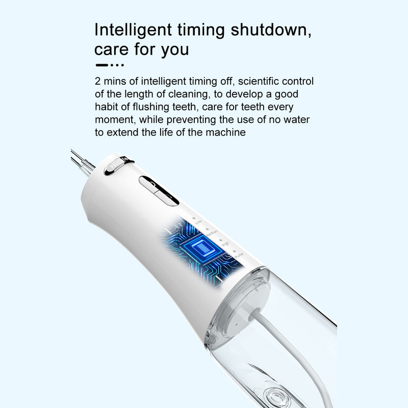 Nicefeel portable water flosser image showing its internal circuit on a white background, featuring text about its intelligent timing shutdown feature.