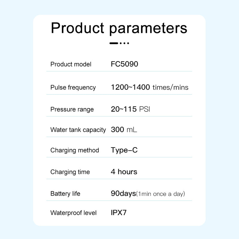 Nicefeel FC5090 portable water flosser parameters table on a light blue background