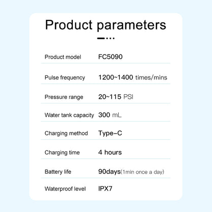 Nicefeel FC5090 portable water flosser parameters table on a light blue background
