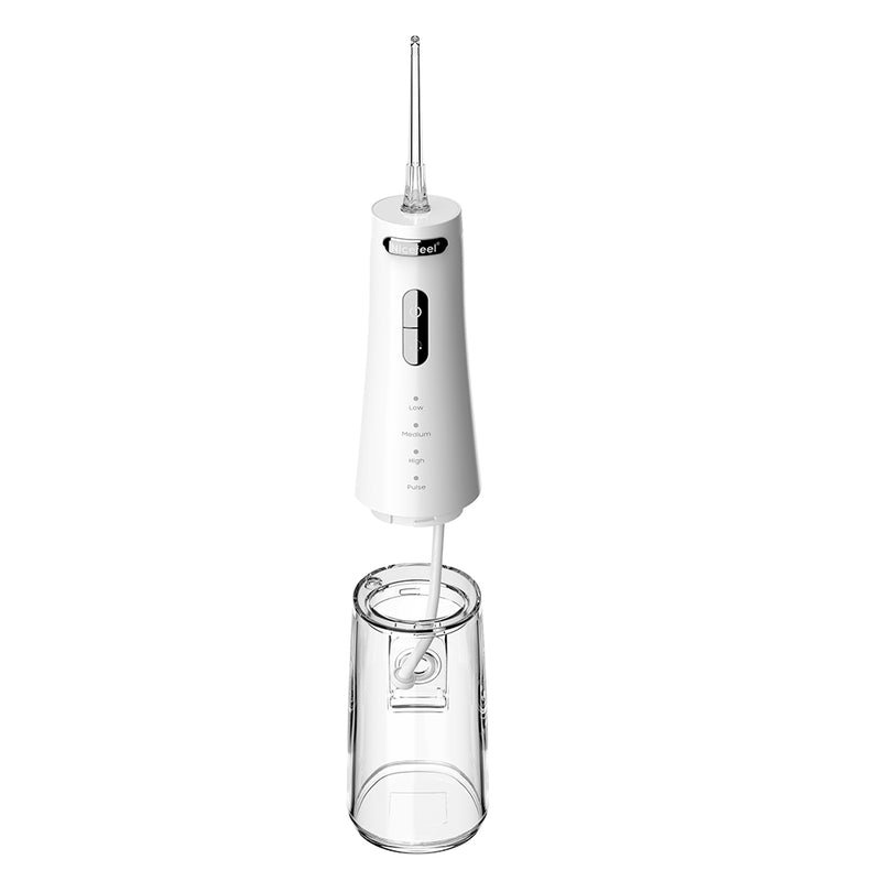 Nicefeel white portable dental water flosser showing its tank opened on a white background