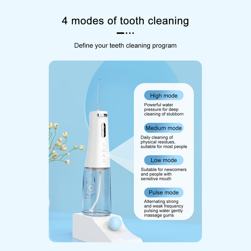 Nicefeel white portable dental water flosser with modes of cleaning on a light blue background