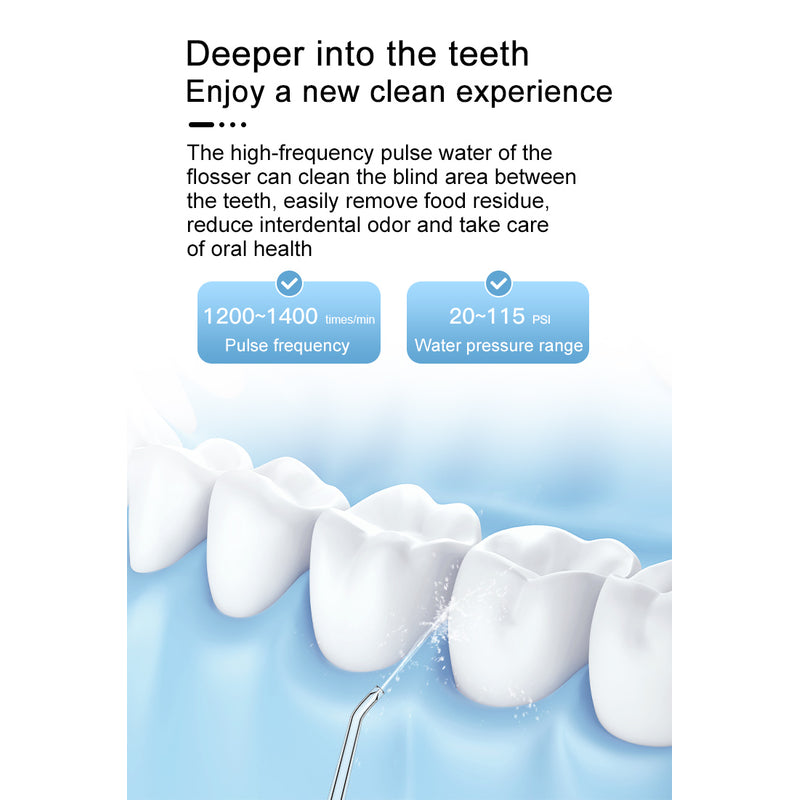 Nicefeel  water flosser  with text about high-frequency pulse water flosser benefits on a white background.