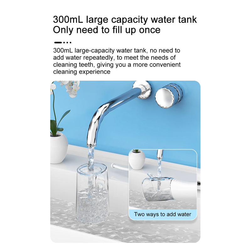 Chrome faucet with water flowing into a Nicefeel water flosser tank, set against a white background.