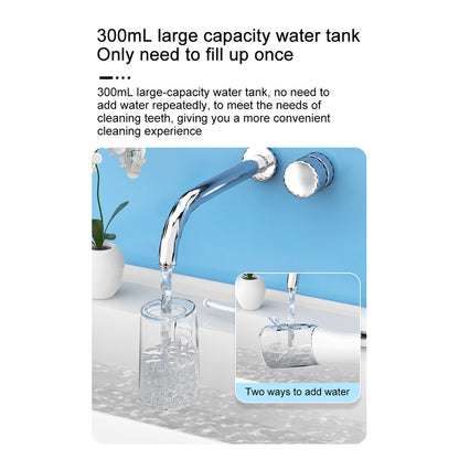 Chrome faucet with water flowing into a Nicefeel water flosser tank, set against a white background.