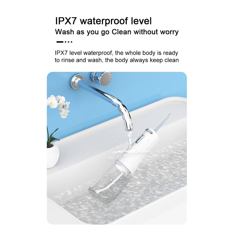 Nicefeel portable water flosser being rinsed under running water with text about IPX7 waterproof level.