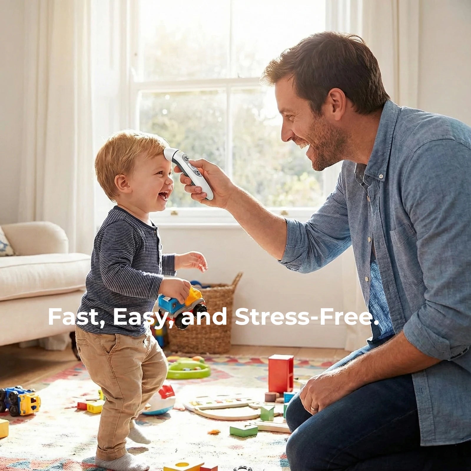 Man taking a child's temperature with a digital thermometer in a home setting.