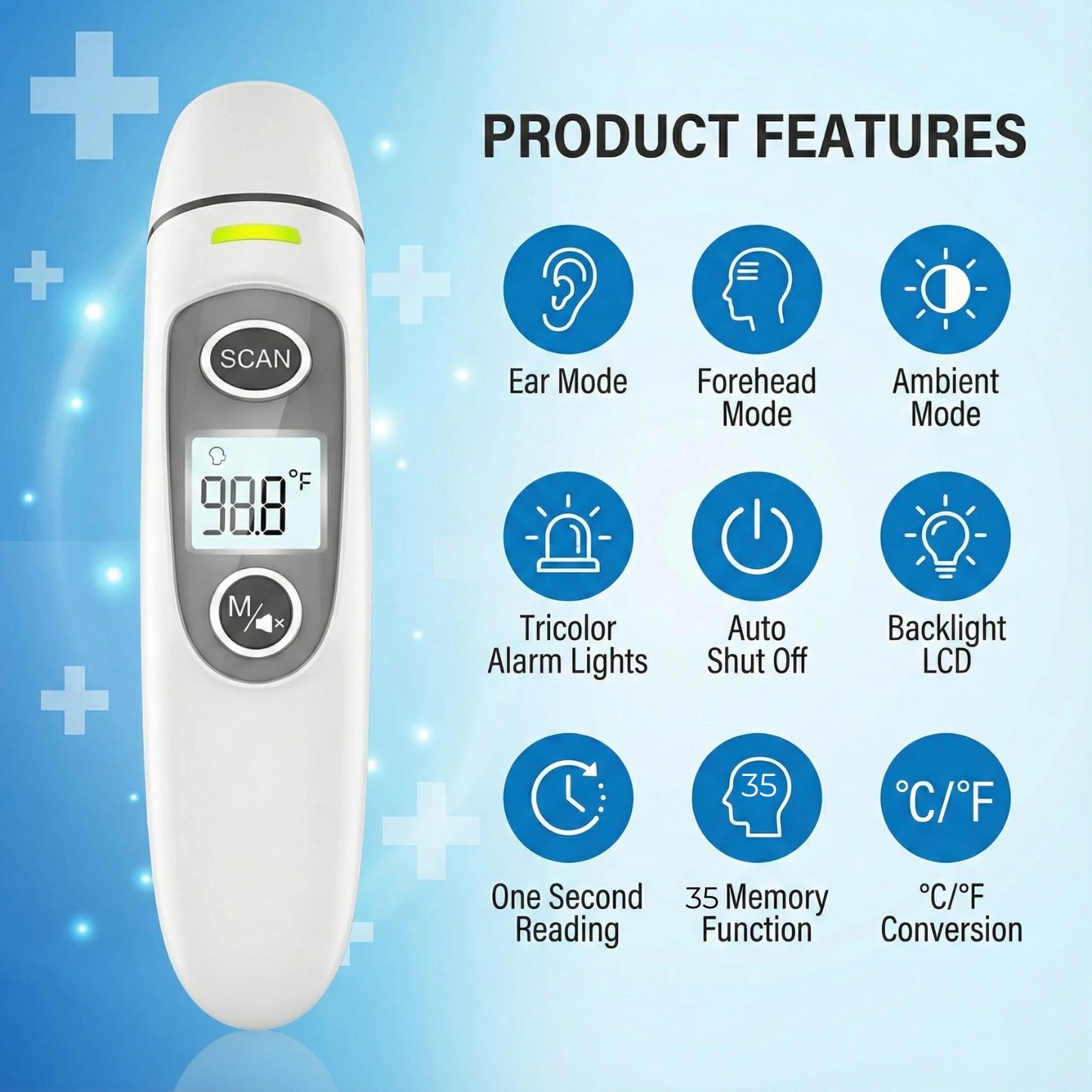 Digital thermometer with product features listed on a blue background