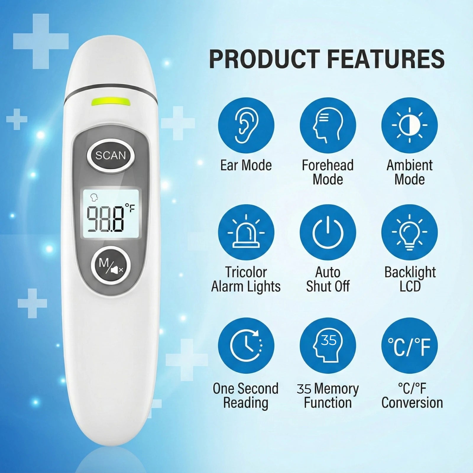 Digital thermometer with product features listed on a blue background