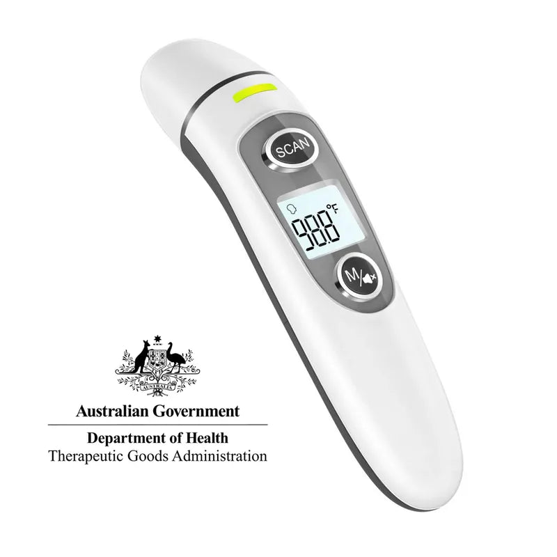 Finicare infrared thermometer with Australian Government Department of Health Therapeutic Goods Administration logo on a white background.