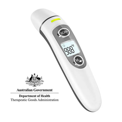 Finicare infrared thermometer with Australian Government Department of Health Therapeutic Goods Administration logo on a white background.