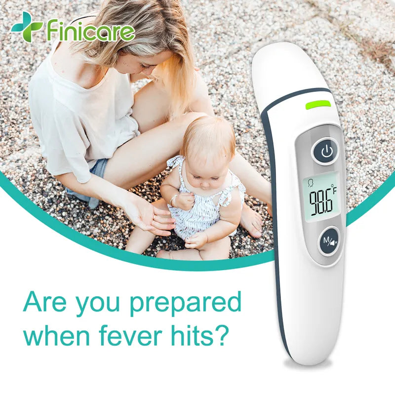 Woman holding a baby with a Finicare thermometer displayed prominently.