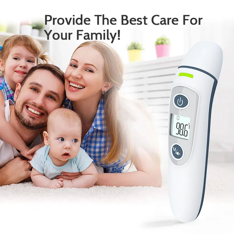 Family with a baby and a Finicare infrared thermometer on a white background with text 'Provide The Best Care For Your Family!'.
