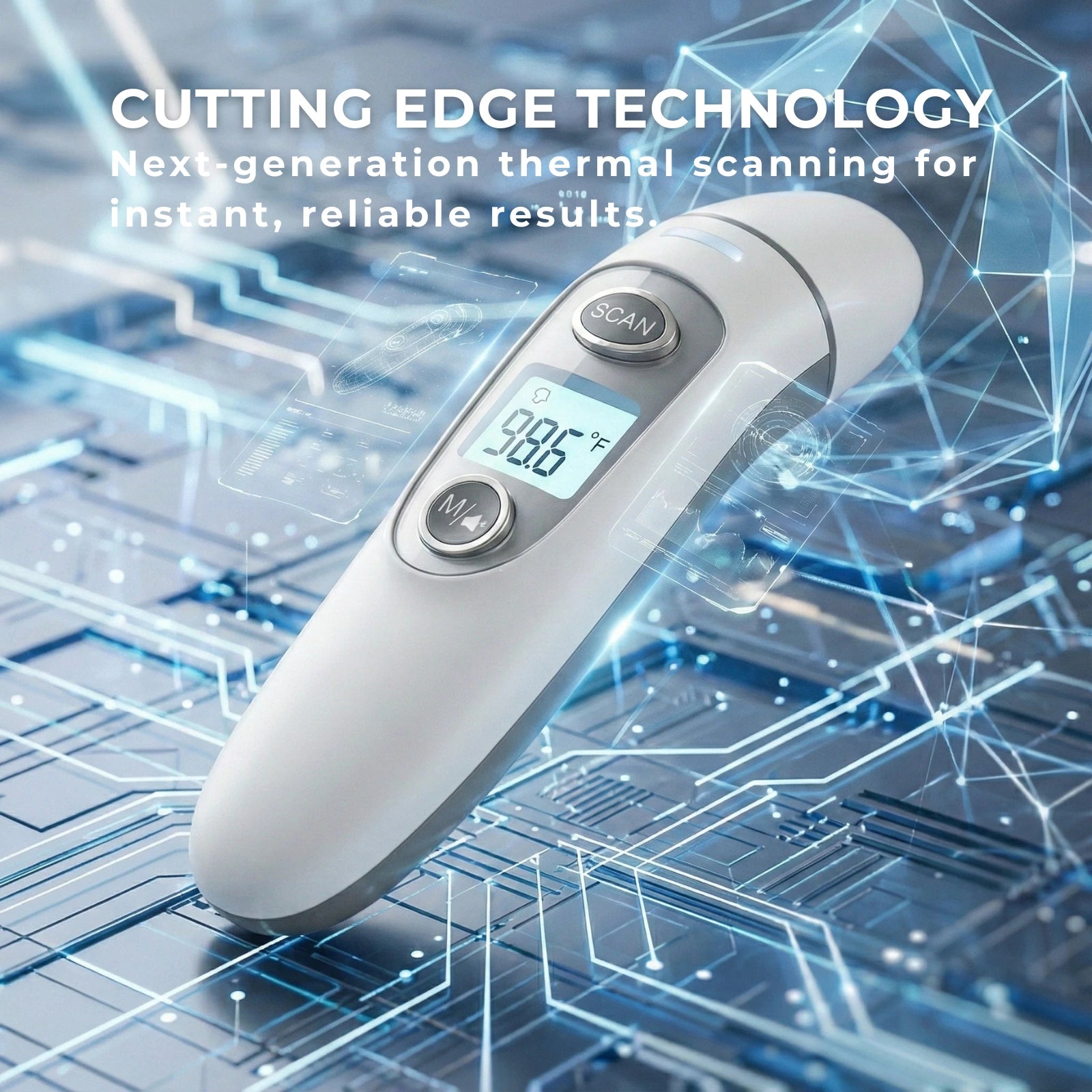 Infrared thermometer with digital display on a futuristic circuit board background