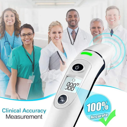 Finicare infrared thermometer with medical professionals in the background, emphasizing clinical accuracy.