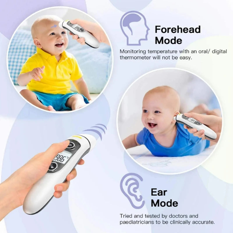 Finicare infrared thermometer with usage modes for forehead and ear on a light blue background